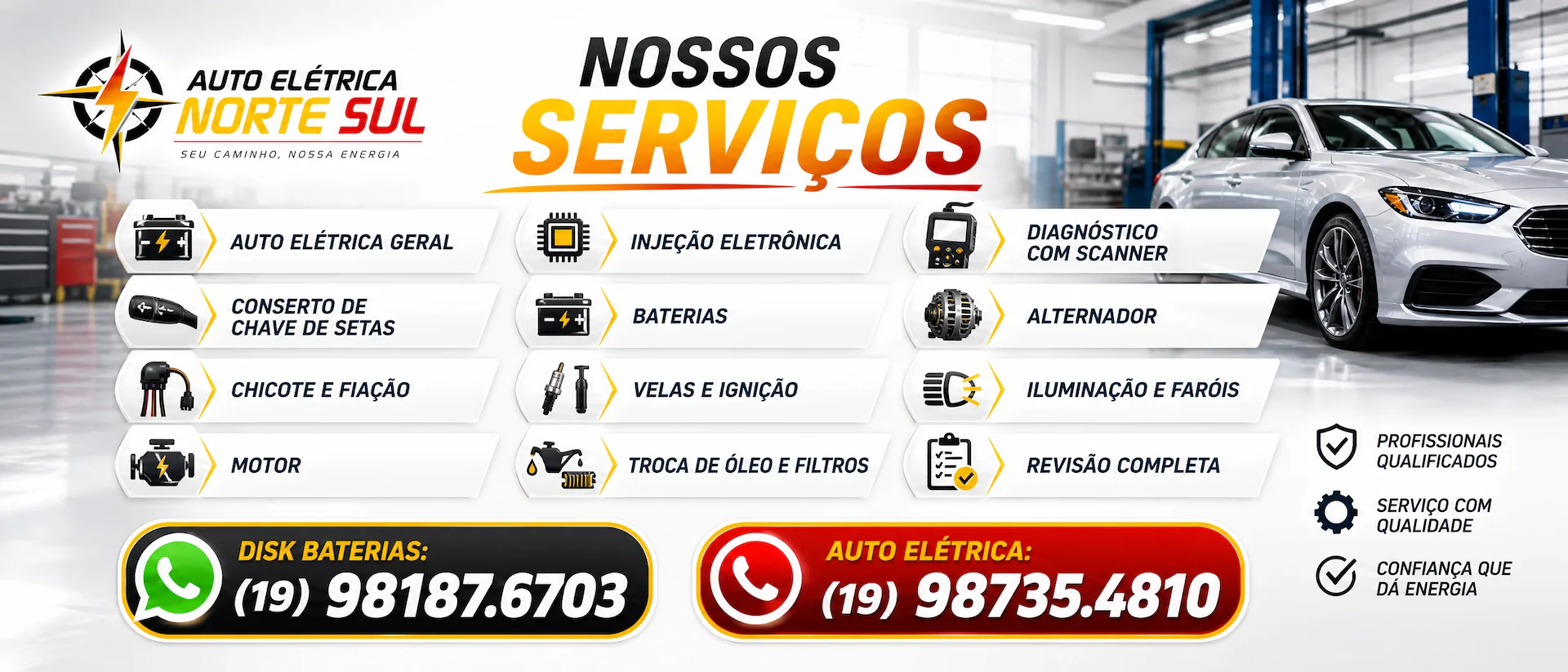 Nossos serviços — baterias, alternador, motor de partida, injeção eletrônica e mecânica